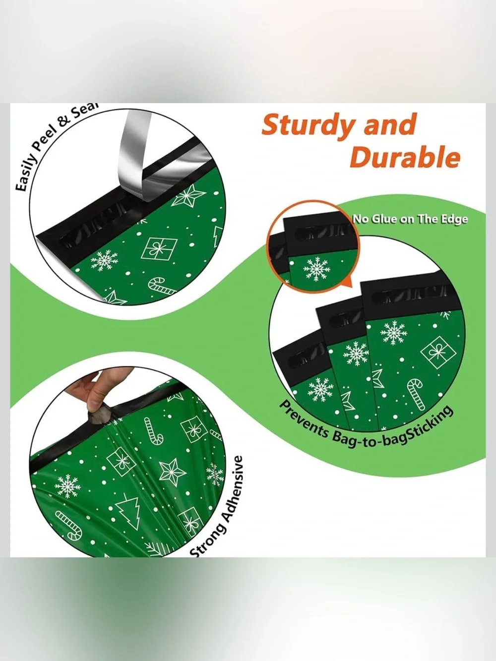 Green Holiday Polymailer Bags with White Festive Icons